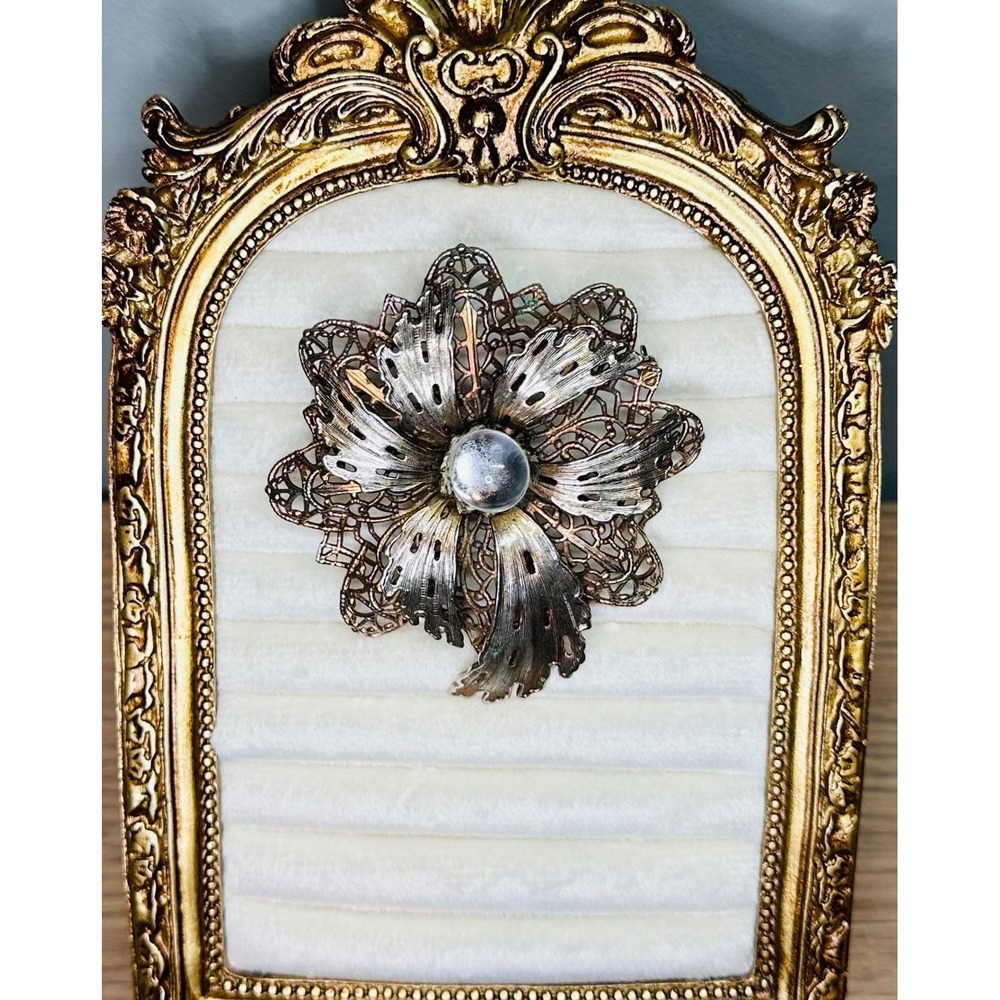 Lisa Vintage Large Filigree Flower Brooch Gold Tone Clear Cabochon Pin